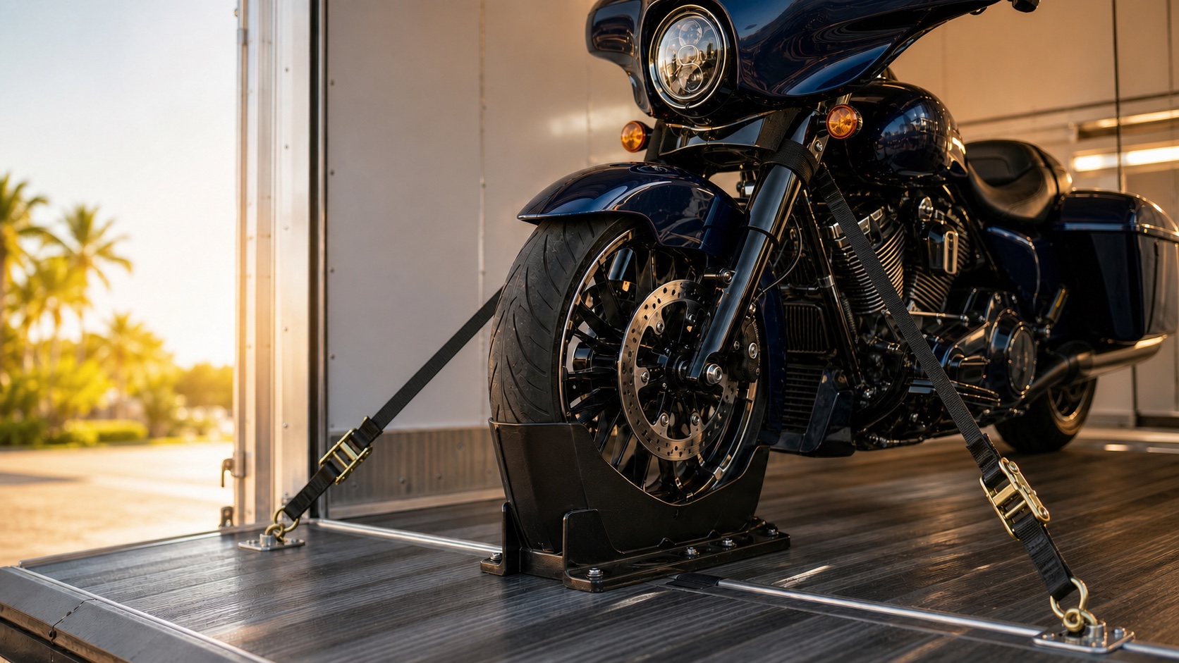 Motorcycle positioned in a wheel chock inside a clean enclosed transport trailer